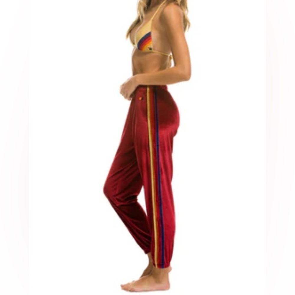 Aviator Nation Red Track Pants with Rainbow Stripe